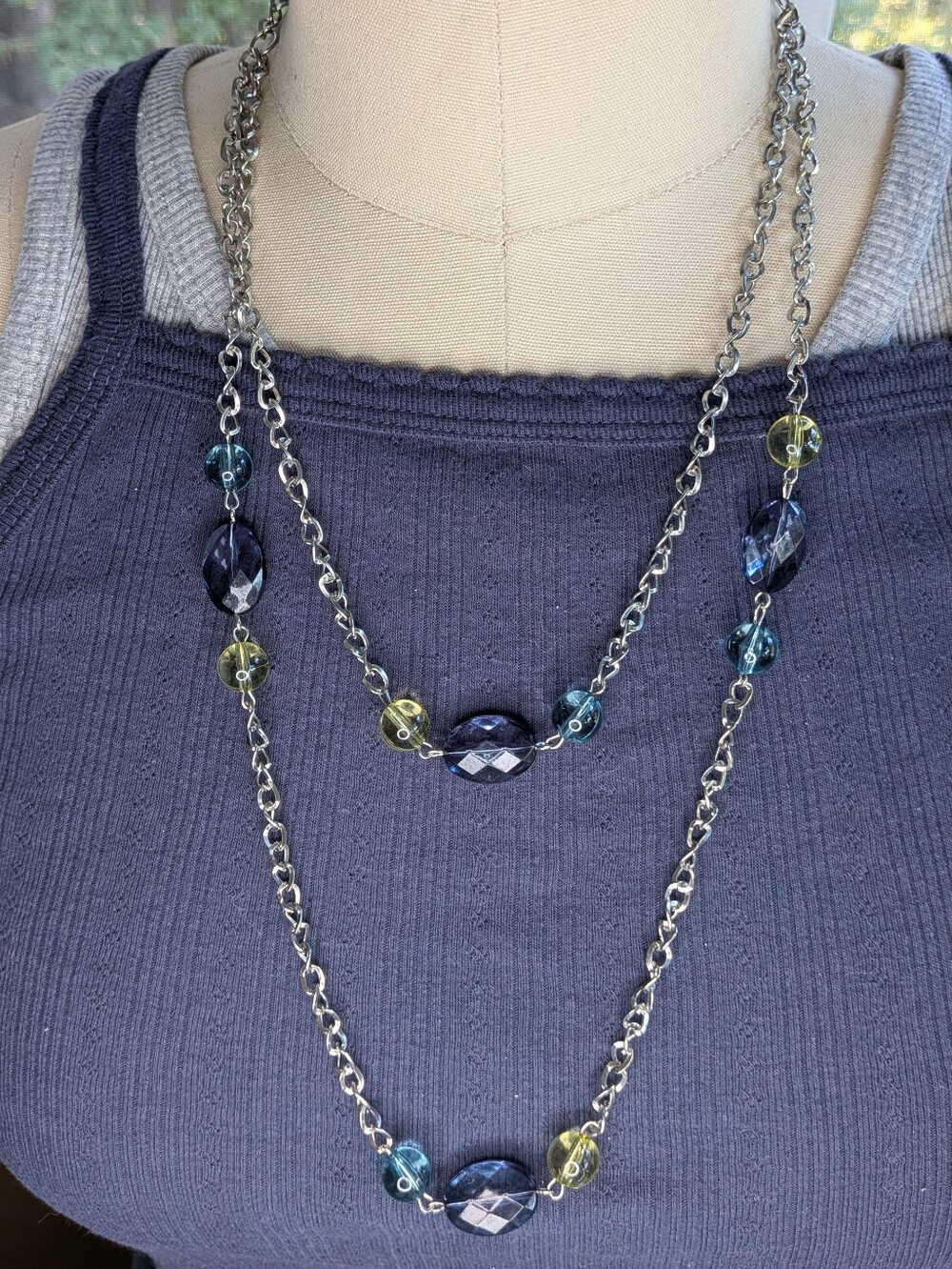 Silver Layered Multi Strand Crystal Bead Convertible Long Necklace